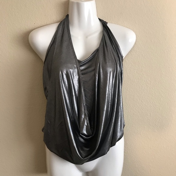 B'leev Metallic Silver Crop Top Sz Med - Picture 2 of 5